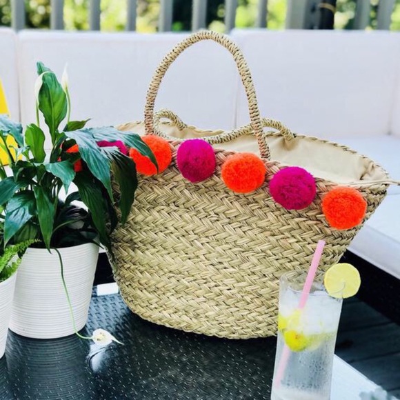 Tropical Style Straw Beach Bag with PomPoms